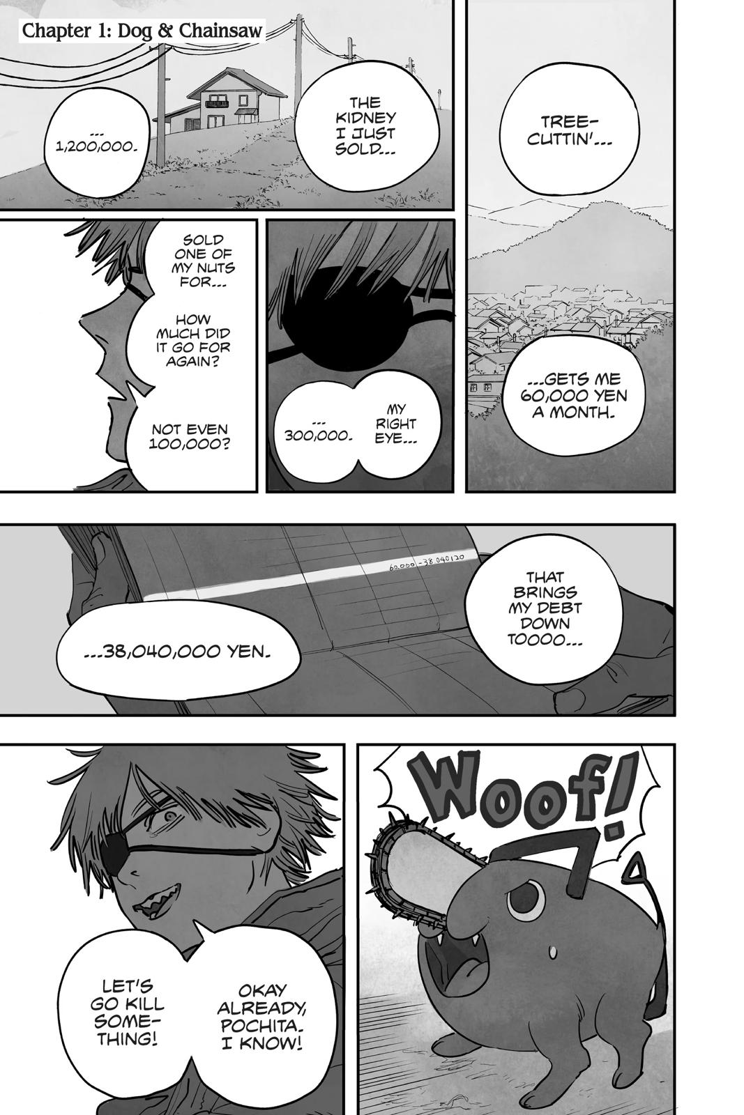 Chainsaw Man Manga Chapter 1 page 6 - Dog & Chainsaw scene