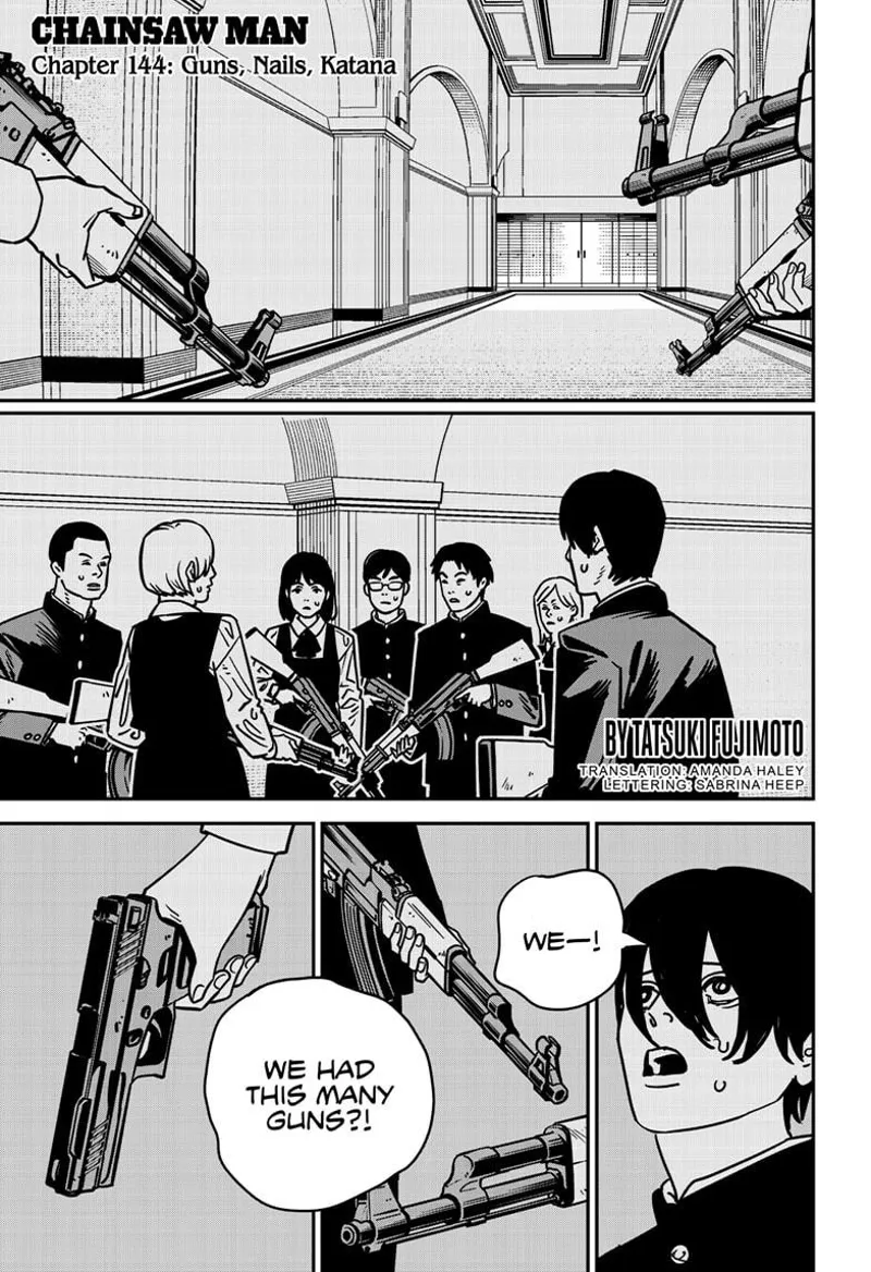 Chainsaw Man Manga Chapter 144 page 1 - Guns, Nails, Katana scene
