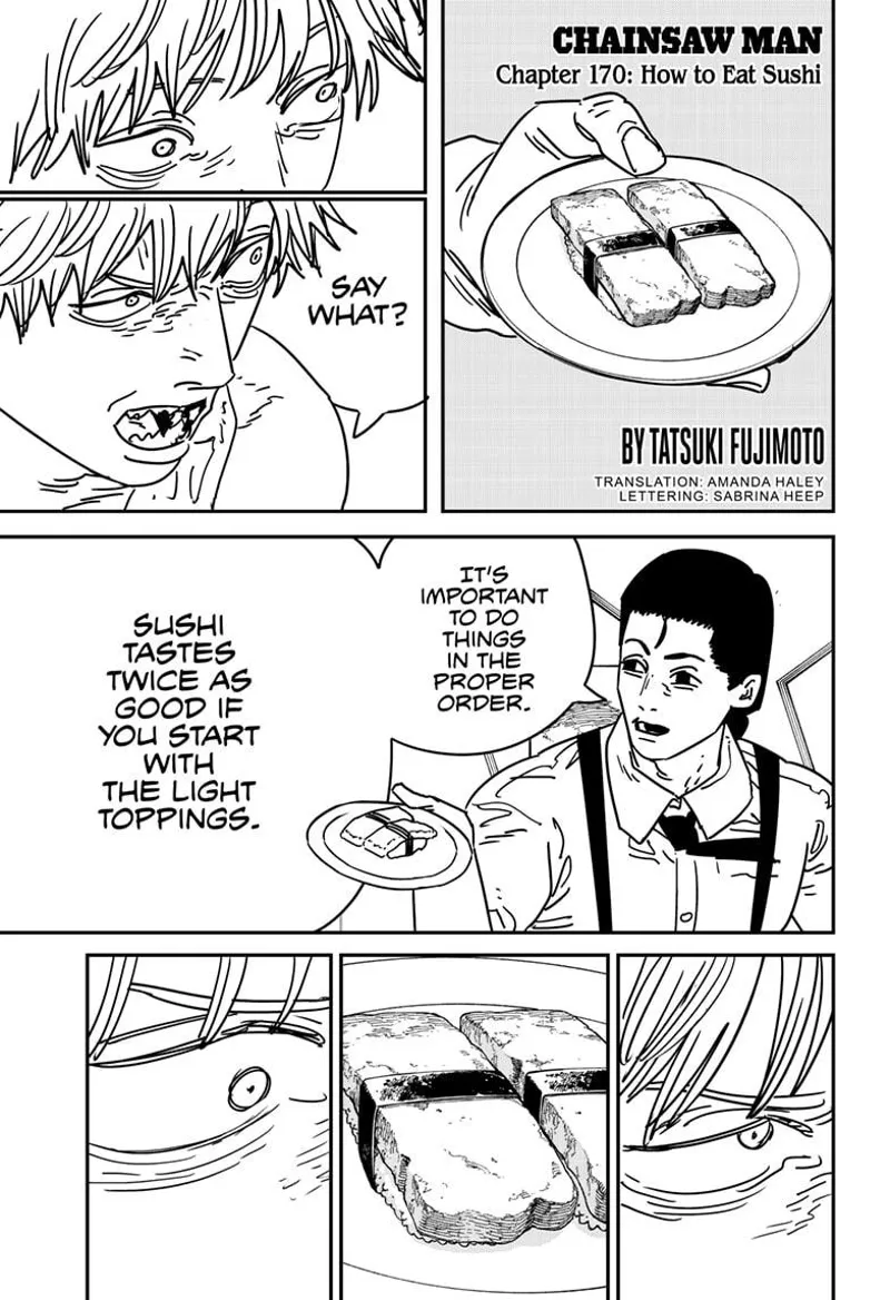 Chainsaw Man Manga Chapter 170 page 1 - How to Eat Sushi scene