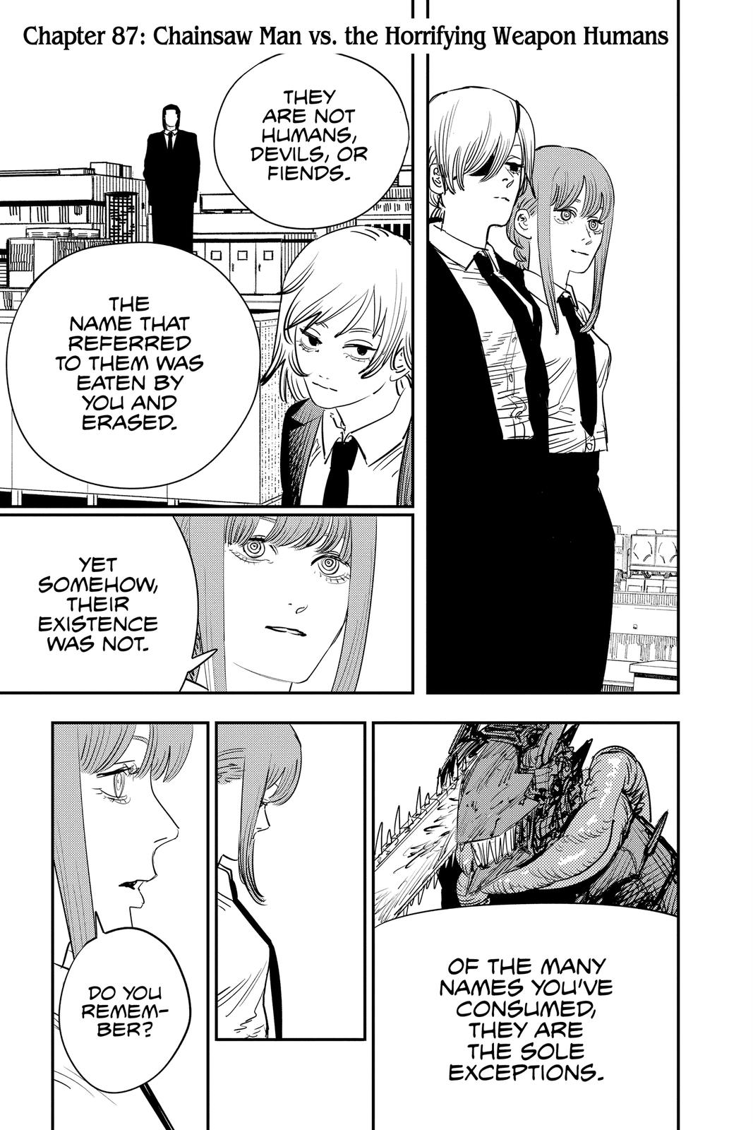 Chainsaw Man Manga Chapter 87 page 1 - Chainsaw Man Vs. the Horrifying Weapon Humans scene